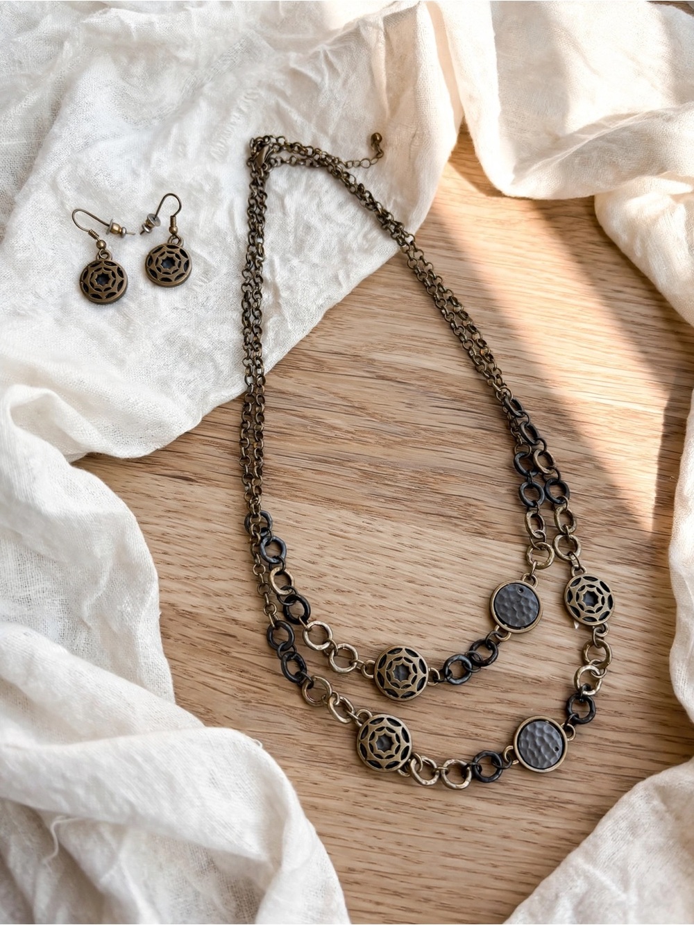 Antique Gold & Gunmetal Medallion Layered Necklace + Earrings
